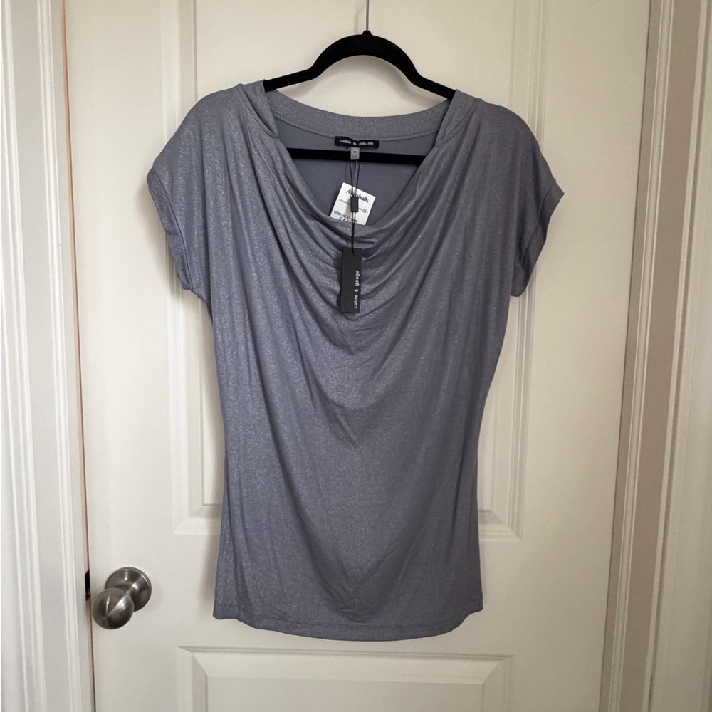 Cable & Gauge Silver-Gray Shimmer Cowl Neck Short Sleeve Top